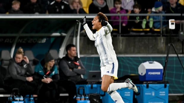 Philippines forward Sarina Bolden pictured celebrating after scoring her nation's first ever FIFA World Cup goal in a 1-0 win over New Zealand at the 2023 Women's World Cup