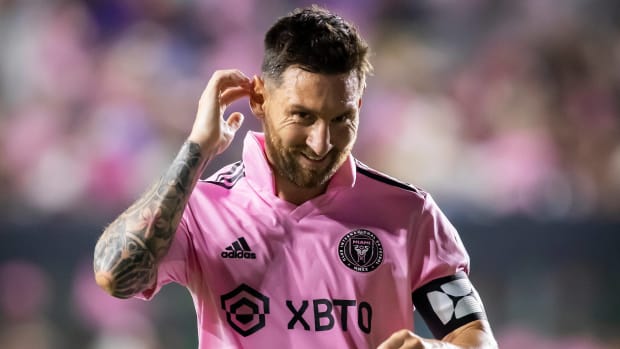Lionel Messi pictured smiling while playing for Inter Miami in July 2023