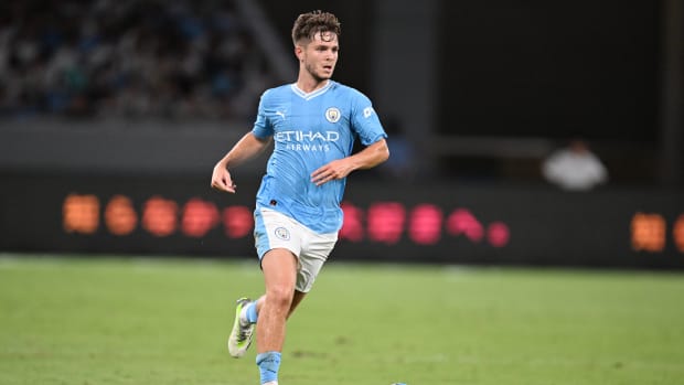 James McAtee pictured playing for Manchester City in a pre-season friendly in July 2023