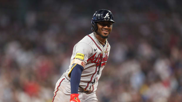 Jul 26, 2023; Boston, Massachusetts, USA; Atlanta Braves second baseman Ozzie Albies (1) celebrates after hitting a home run during the sixth inning against the Boston Red Sox at Fenway Park. Mandatory Credit: Paul Rutherford-USA TODAY Sports