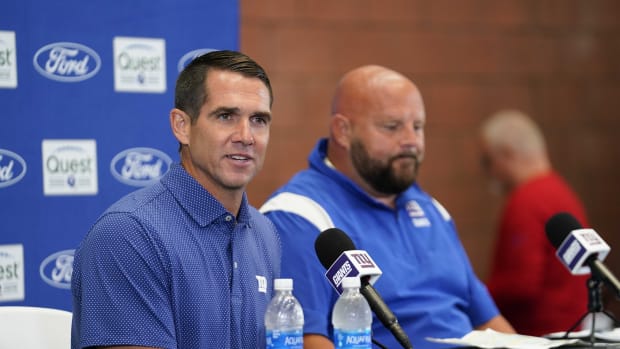 Jul 26, 2023; East Rutherford, NJ, USA; New York Giants general manager Joe Schoen, left, speaks during a press conference with head coach Brian Daboll, right, before training camp at the Quest Diagnostics Training Facility.