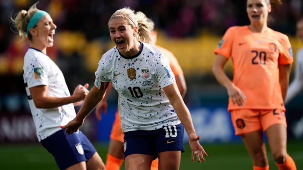 Lindsey Horan celebrates her game-tying goal for the US vs. the Netherlands in the Women's World Cup.