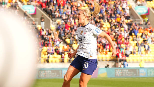 USWNT midfielder Lindsey Horan celebrates her game-tying goal against the Netherlands at the Women’s World Cup.