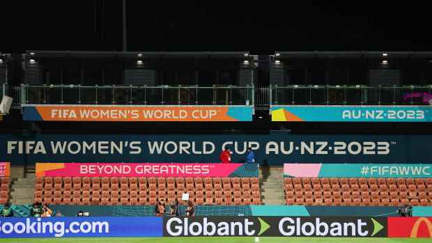 A photo showing FIFA Women's World Cup signage on display at Waikato Stadium in New Zealand ahead of a group game between Switzerland and Norway in July 2023