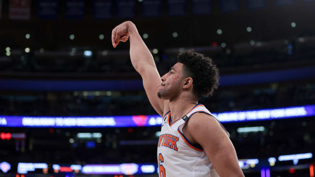 Apr 9, 2023; New York, New York, USA; New York Knicks guard Quentin Grimes (6) reacts after making a three point basket against the Indiana Pacers during the second half at Madison Square Garden. Mandatory Credit: Vincent Carchietta-USA TODAY Sports