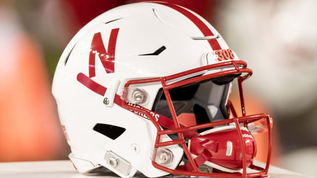 A close-up view of a Nebraska helmet.