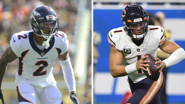 Denver Broncos cornerback Patrick Surtain II and Chicago Bears quarterback Justin Fields.
