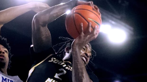 Southern Miss transfer Denijay Harris getting a rebound against Middle Tennessee State last season