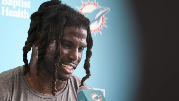 Dolphins wide receiver Tyreek Hill speaks to the media at a press conference before training camp.