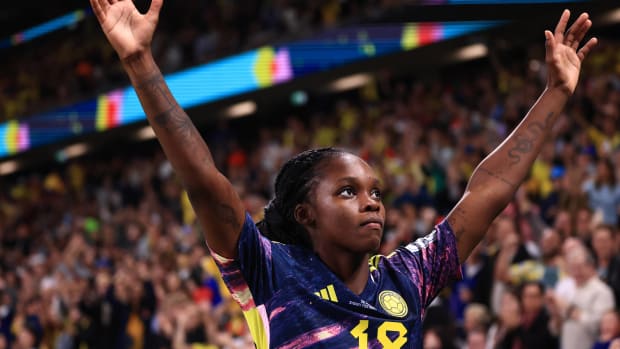 Linda Caicedo pictured celebrating after scoring for Colombia against Germany at the 2023 FIFA Women's World Cup