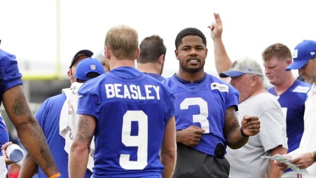 Jul 27, 2023; East Rutherford, NJ, USA; New York Giants wide receivers Sterling Shepard (3) and Cole Beasley (9) talk on the sideline on day two of training camp at the Quest Diagnostics Training Facility.