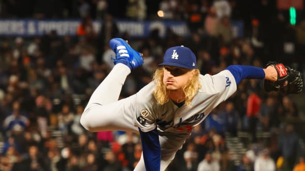 Los Angeles Dodgers relief pitcher Phil Bickford pitches the ball against the SF Giants during the eighth inning at Oracle Park. (2022)