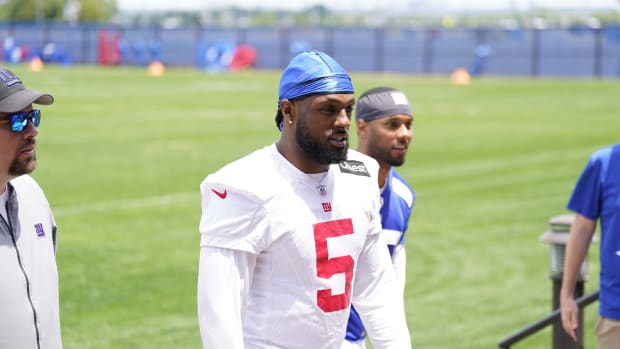New York Giants linebacker Kayvon Thibodeaux (5) walks off the field after the first day of mandatory minicamp at the Giants training center in East Rutherford on Tuesday, June 13, 2023.