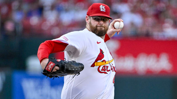 Cardinals starting pitcher Jordan Montgomery (47) pitches against the Cubs during the first inning at Busch Stadium.