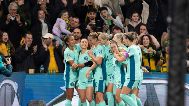 Australia's players pictured celebrating a goal during a 4-0 win over Canada at the 2023 FIFA Women's World Cup