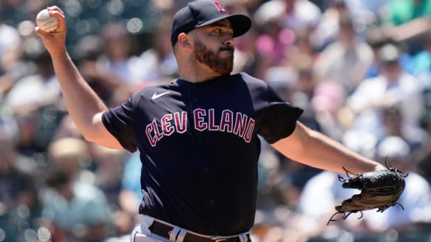 Cleveland Guardians starting pitcher Aaron Civale throws against the Chicago White Sox during the first inning of a baseball game in Chicago, Sunday, July 30, 2023. (AP Photo/Nam Y. Huh)