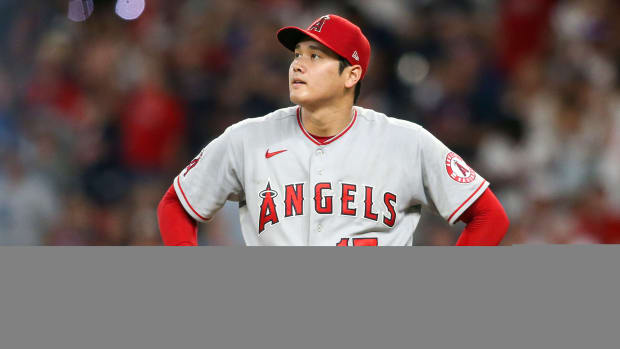 Jul 22, 2022; Atlanta, Georgia, USA; Los Angeles Angels starting pitcher Shohei Ohtani (17) reacts after giving up a run against the Atlanta Braves in the seventh inning at Truist Park.