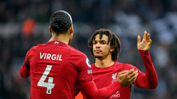 Virgil van Dijk and Trent Alexander-Arnold (right) pictured during Liverpool's 2-0 win at Newcastle in February 2023