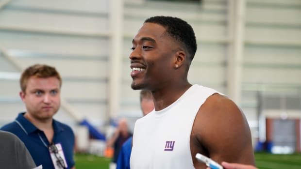 New York Giants safety Jason Pinnock talks to reporters after training camp in East Rutherford on Monday, July 31, 2023.