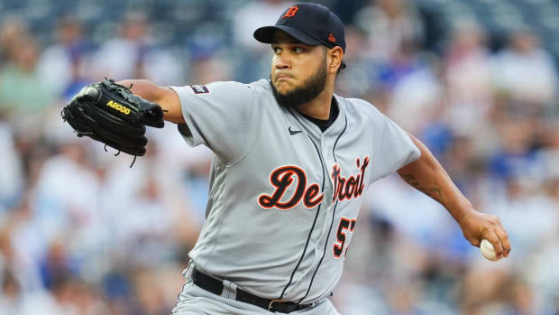 Tigers left-handed starter Eduardo Rodriguez throws a pitch in a game.