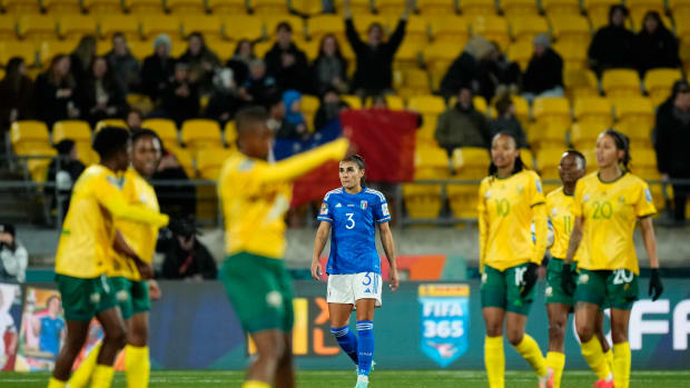 Italy defender Benedetta Orsi pictured (center) moments after scoring an own goal against South Africa at the 2023 FIFA Women's World Cup