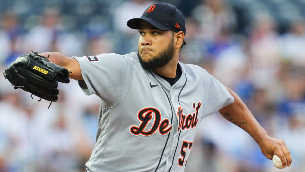 Tigers pitcher Eduardo Rodriguez throws from the mound