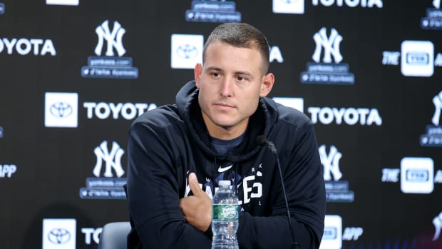 Aug 3, 2023; Bronx, New York, USA; New York Yankees first baseman Anthony Rizzo (48) speaks to the media during a press conference after being placed on the 10-day injured list with post-concussion syndrome before a game against the Houston Astros at Yankee Stadium.