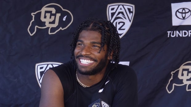 Shedeur Sanders at podium after Colorado's second day of Fall Camp