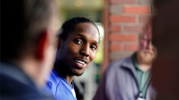 New York Giants cornerback Adoree' Jackson answers a question by NorthJersey.com's Art Stapleton, left, after the organized team activities (OTA's) at the Giants training center on Wednesday, May 31, 2023, in East Rutherford.