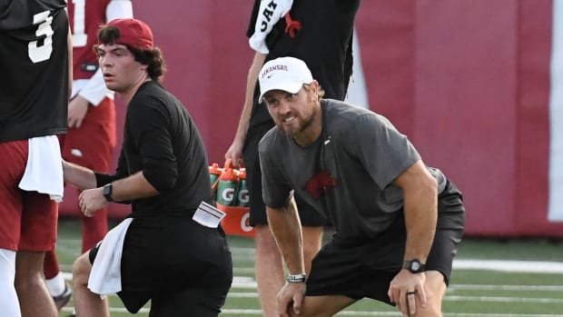New strength coach Ben Sowders at Razorbacks' practice Friday morning