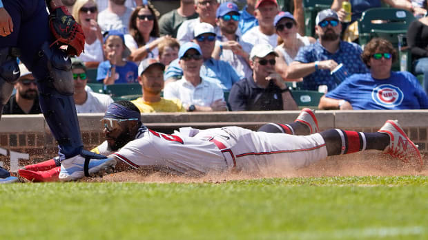Aug 4, 2023; Chicago, Illinois, USA; Atlanta Braves center fielder Michael Harris II (23) scores against the Chicago Cubs during the fourth inning at Wrigley Field.