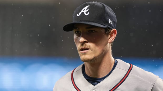Braves starter Max Fried looks on during a game vs. the Mets.