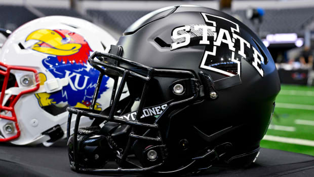 Jul 12, 2023; Arlington, TX, USA; A view of the Iowa State Cyclones helmet and logo during Big 12 football media day at AT&T Stadium.