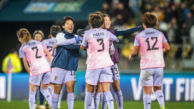 Japan players pictured celebrating after beating Norway 3-1 at the 2023 FIFA Women's World Cup