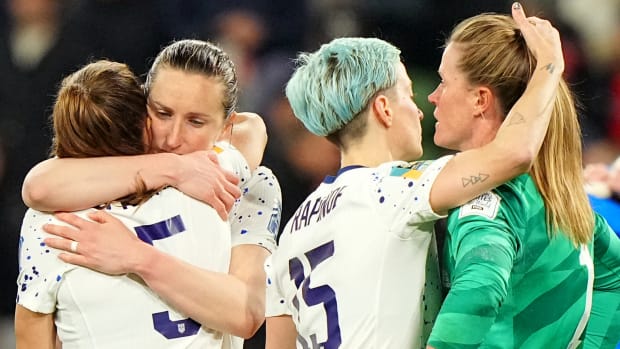 Megan Rapinoe, Alyssa Naeher, Andi Sullivan and Kelley O'Hara console each other after the USWNT is eliminated by Sweden at the Women's World Cup.