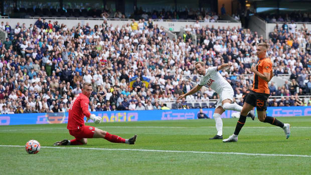 Harry Kane pictured (second from right) scoring against Shakhtar Donetsk to complete his hat-trick during a pre-season win for Tottenham Hotspur in August 2023