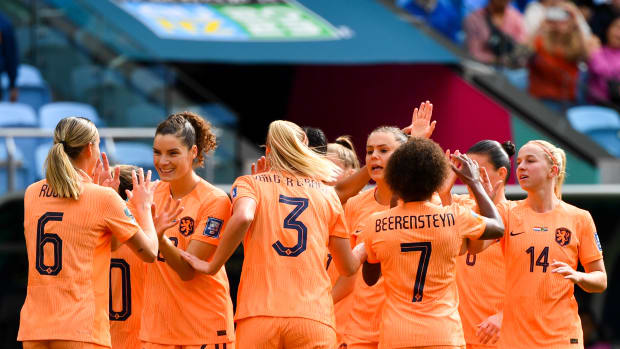 Netherlands players pictured celebrating a goal during their 2-0 win over South Africa at the 2023 FIFA Women's World Cup
