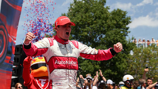 Kyle Kirkwood celebrates after winning his second IndyCar race of his career -- and this season -- after claiming Sunday's Big Machine Music City Grand Prix in the streets of downtown Nashville. Photo courtesy IndyCar.