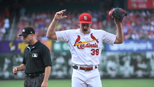 Jul 27, 2023; St. Louis, Missouri, USA; St. Louis Cardinals starting pitcher Miles Mikolas (39) reacts after being ejected in a game against the Chicago Cubs in the first inning at Busch Stadium.