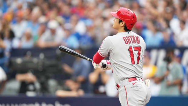LA Angels designated hitter Shohei Ohtani (17) reacts after hitting a home run against the Toronto Blue Jays (2023)