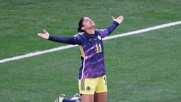 Catalina Usme pictured celebrating after scoring for Colombia in a 1-0 win over Jamaica at the 2023 FIFA Women's World Cup
