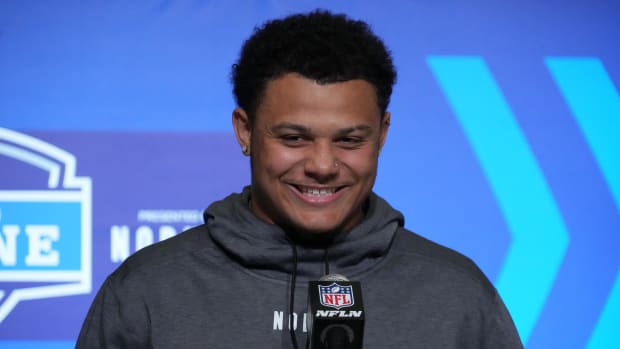 Mar 1, 2023; Indianapolis, IN, USA; Cincinnati linebacker Ivan Pace, Jr. (LB23) the NFL Scouting Combine at the Indiana Convention Center. Mandatory Credit: Kirby Lee-USA TODAY Sports