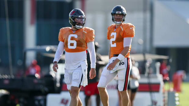 Buccaneers quarterback Baker Mayfield (6) and quarterback Kyle Trask (2) participate in training camp at AdventHealth Training Center.