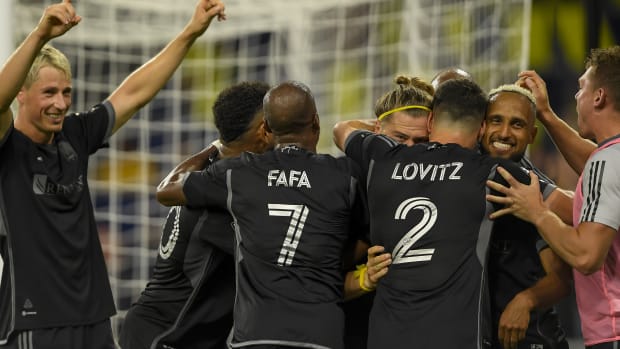 Aug 8, 2023; Nashville, TN, USA; Nashville SC defender Walker Zimmerman (25) and his teammates celebrate his goal against the Club America during the second half at GEODIS Park.