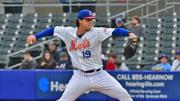 Mike Vasil delivers a pitch during the Syracuse Mets AAA baseball game against the Scranton Wilkes-Barre RailRiders at PNC Field in Scranton, Pennsylvania.