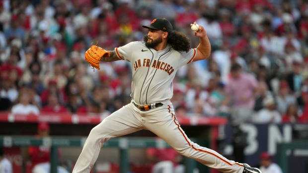 San Francisco Giants relief pitcher Sean Manaea throws in the third inning against the Los Angeles Angels at Angel Stadium.