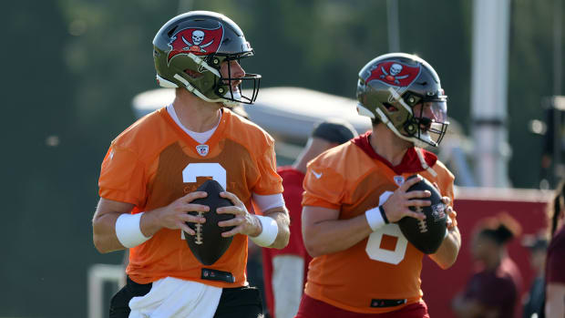 Tampa Bay Buccaneers quarterbacks Kyle Trask and Baker Mayfield