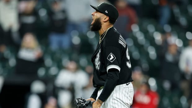 White Sox relief pitcher Keynan Middleton (99) celebrates teams win against the Twins at Guaranteed Rate Field.