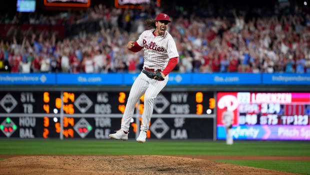 Michael Lorenzen leaps in the air after completing a no-hitter
