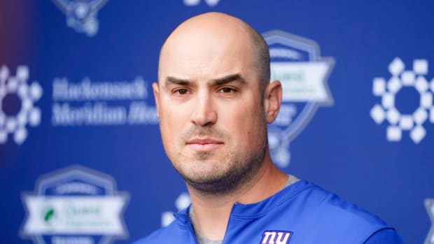 New York Giants offensive coordinator Mike Kafka talks to reporters before organized team activities (OTAs) at the training center in East Rutherford on Thursday, May 19, 2022.